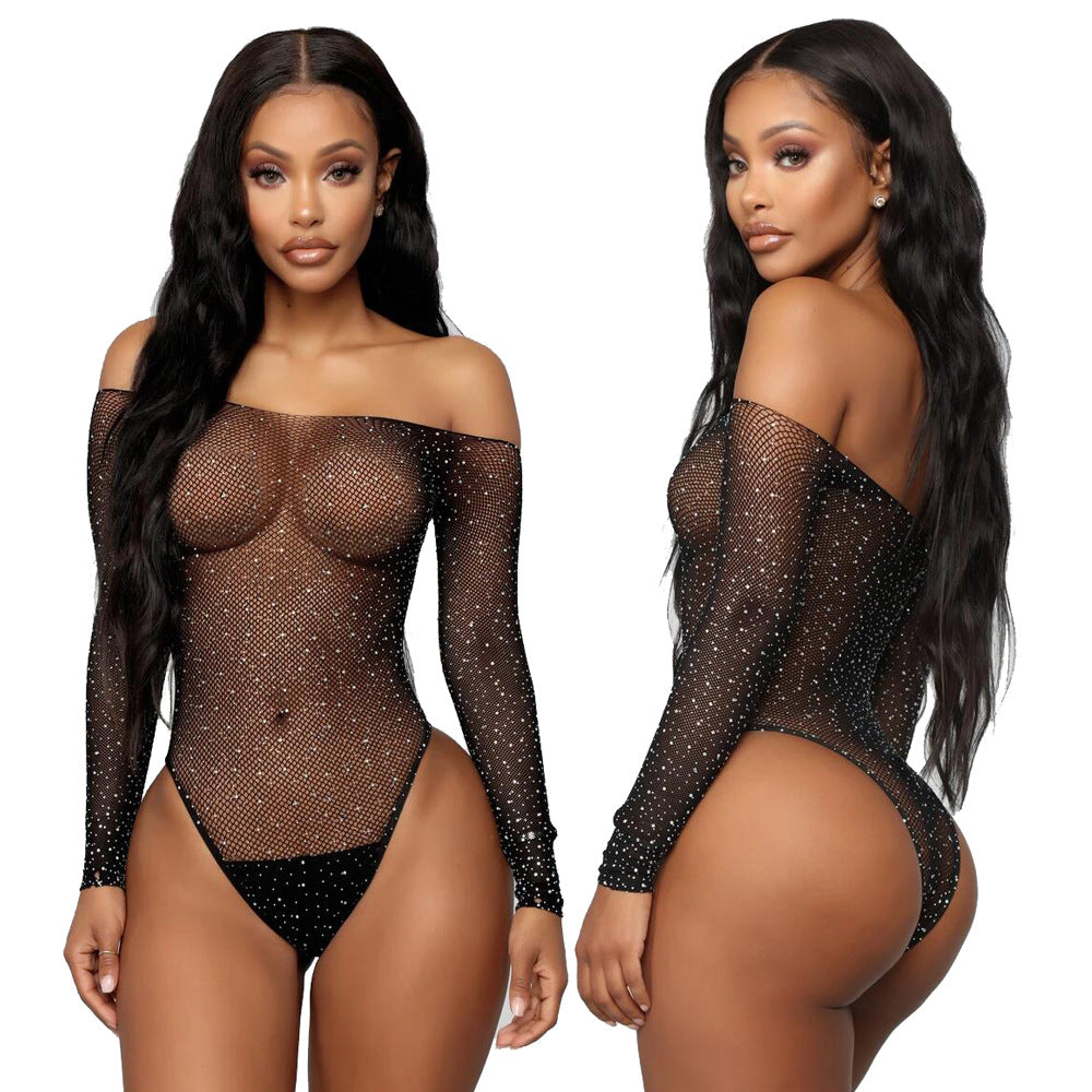 Women's Rhinestone Bikini Underwear Mesh Bodysuit